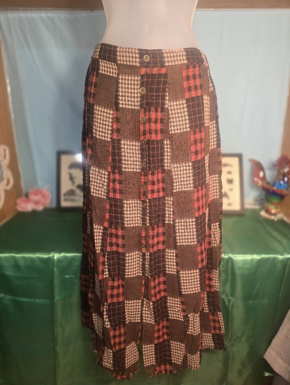 Mystree Patchwork Plaid Button-Front Maxi Skirt - Red & Brown